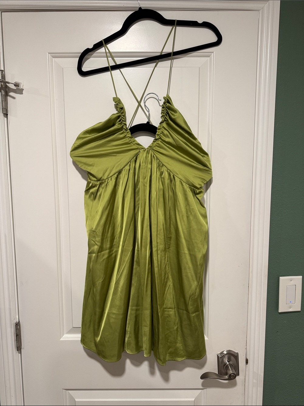 Olive Green Satin Spaghetti Strap Women’s Dress